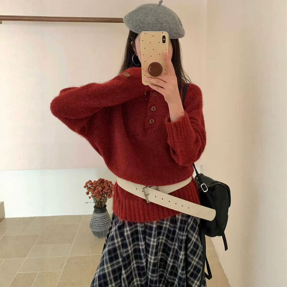 Solid color loose and lazy style soft and sticky knitted sweater