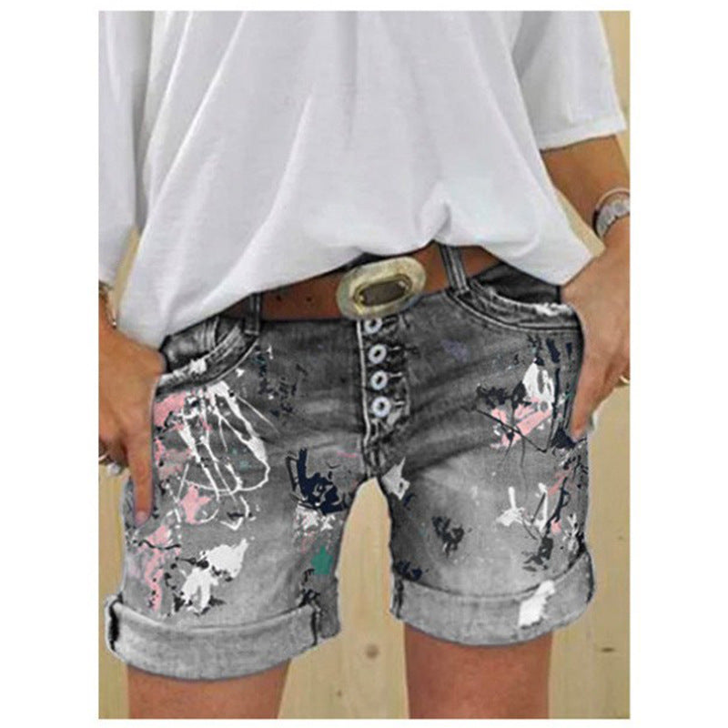 High-Waisted Elastic Printed Women's Denim Shorts with Button Closure, Large Size, Fashionable Design