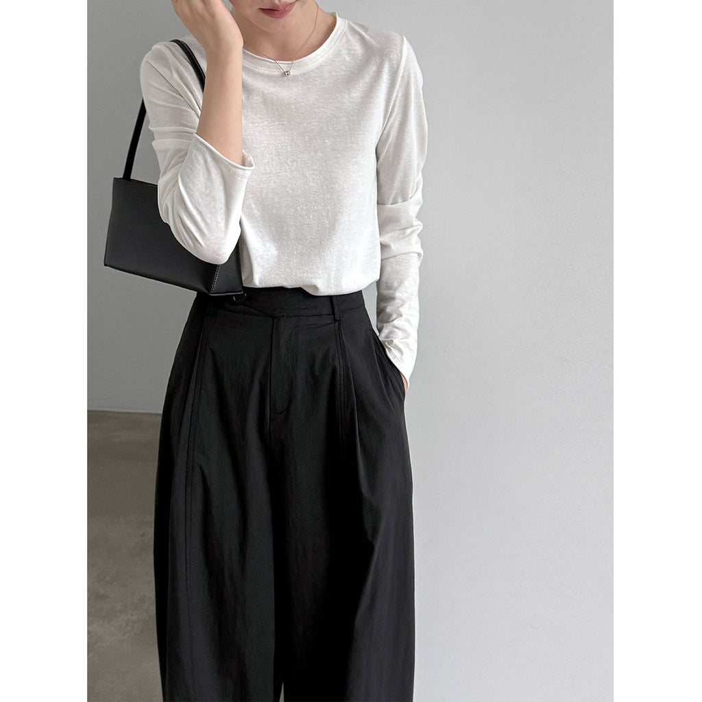Diagonal Placket Patchwork Pleated Wide Leg Pants for Women  Casual Straight Fit Trousers
