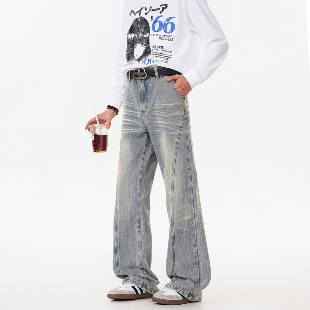 Retro Washed Distressed Flared Jeans Men
