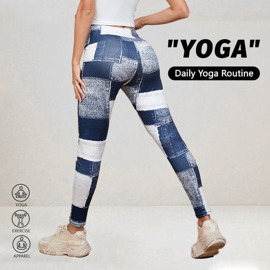 Denim-like Plaid Peach Print High-Waisted Tummy Control Slim Fit Yoga Fitness Pants