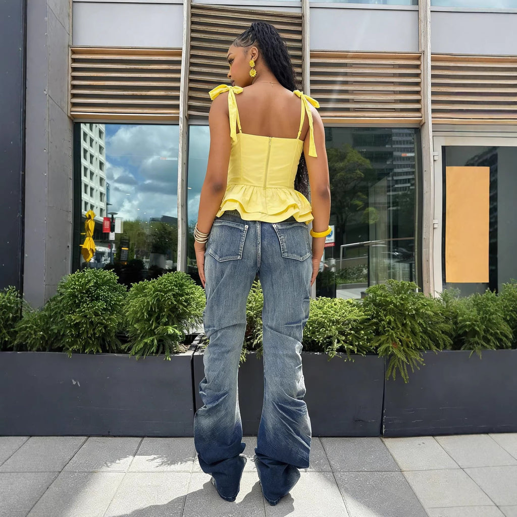 Street Style Pleated Catwhisker Slim Fit Washed Stack Denim Pants