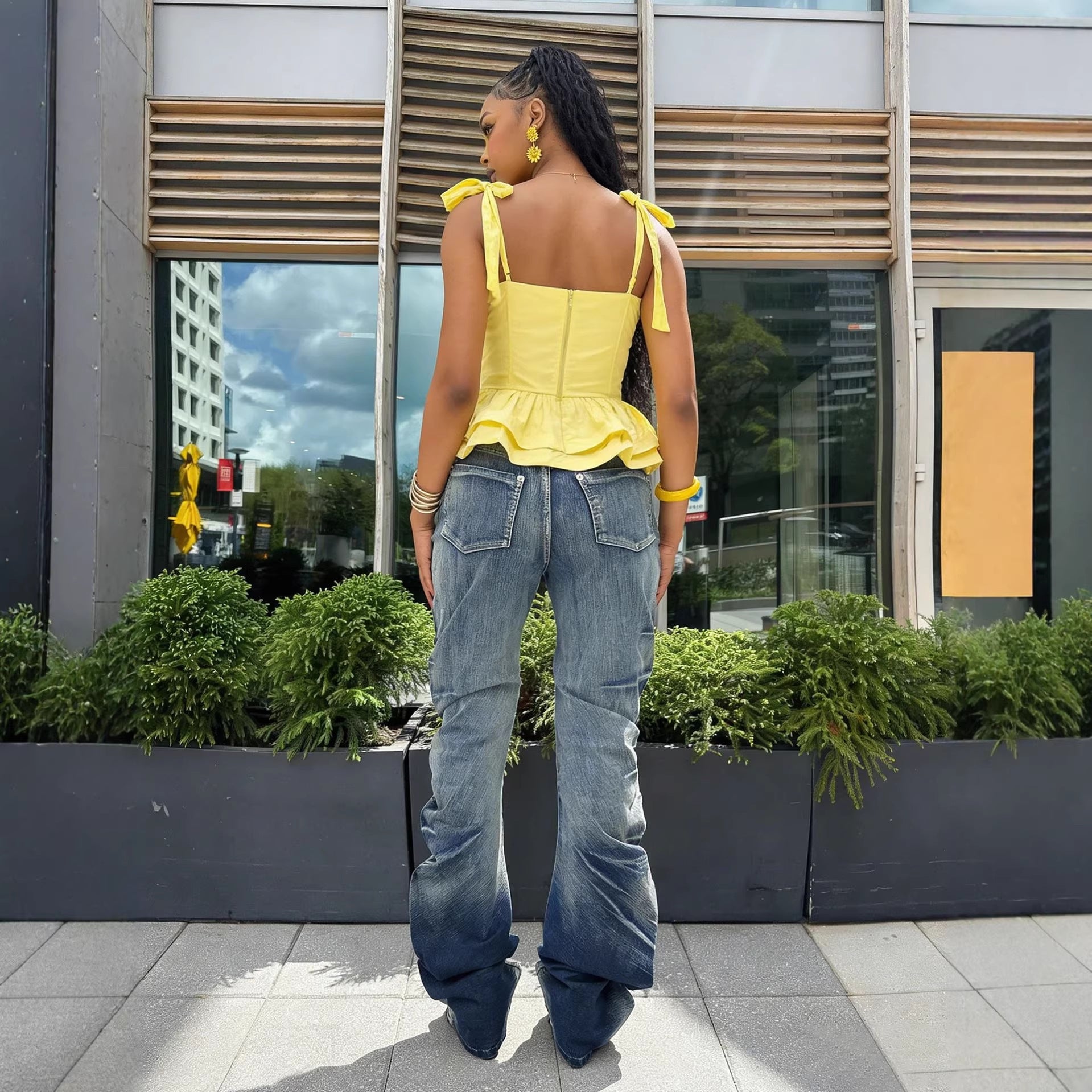 Street Style Pleated Catwhisker Slim Fit Washed Stack Denim Pants