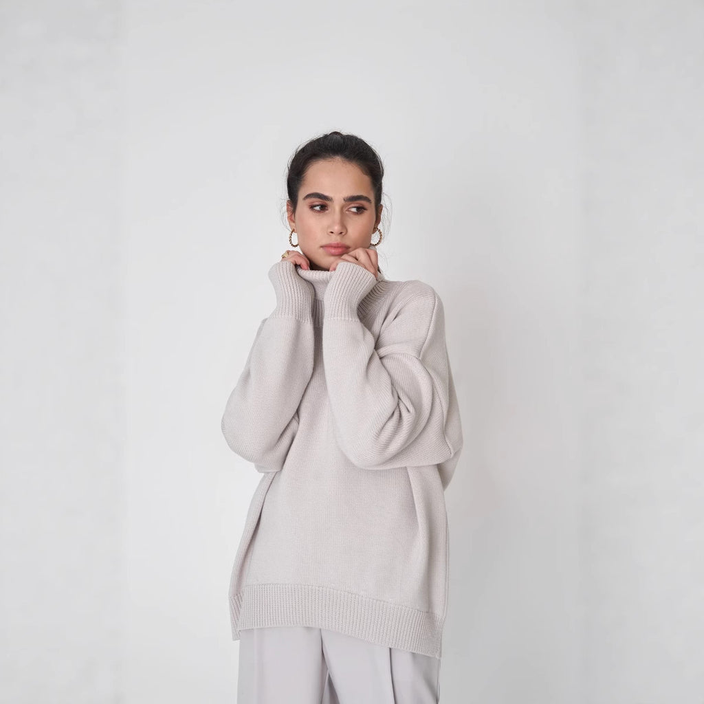 Versatile solid color high neck pullover sweater
