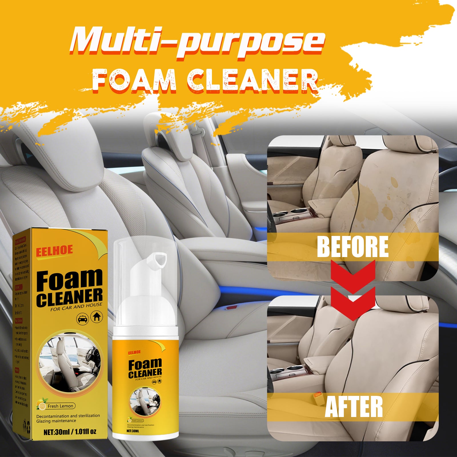 EELHOE Foam Cleaner, Leather Seat Supplies Decontamination Multi-Functional Interior Cleaner