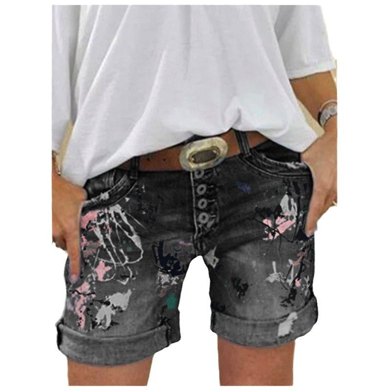 High-Waisted Elastic Printed Women's Denim Shorts with Button Closure, Large Size, Fashionable Design