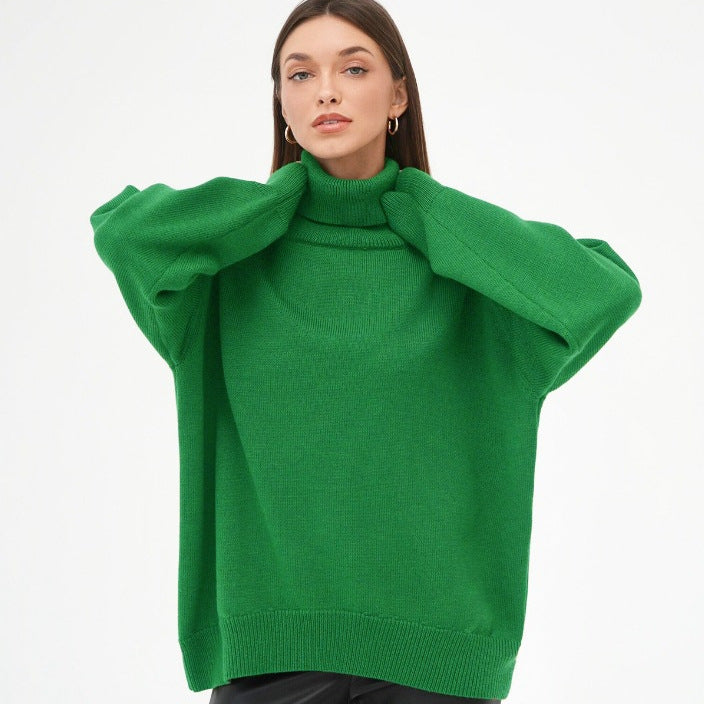 Versatile solid color high neck pullover sweater