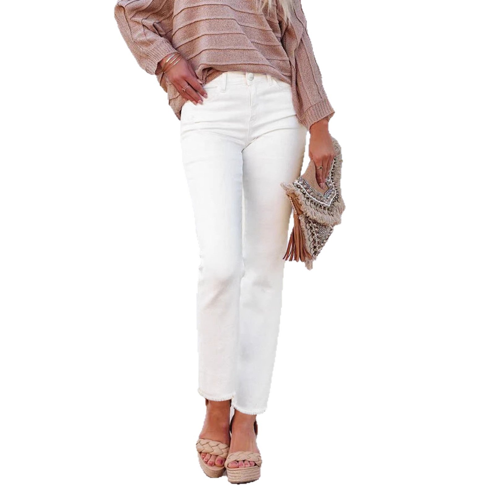 Straight Leg Ankle-Length White Raw Hem Denim Pants T Casual Wear
