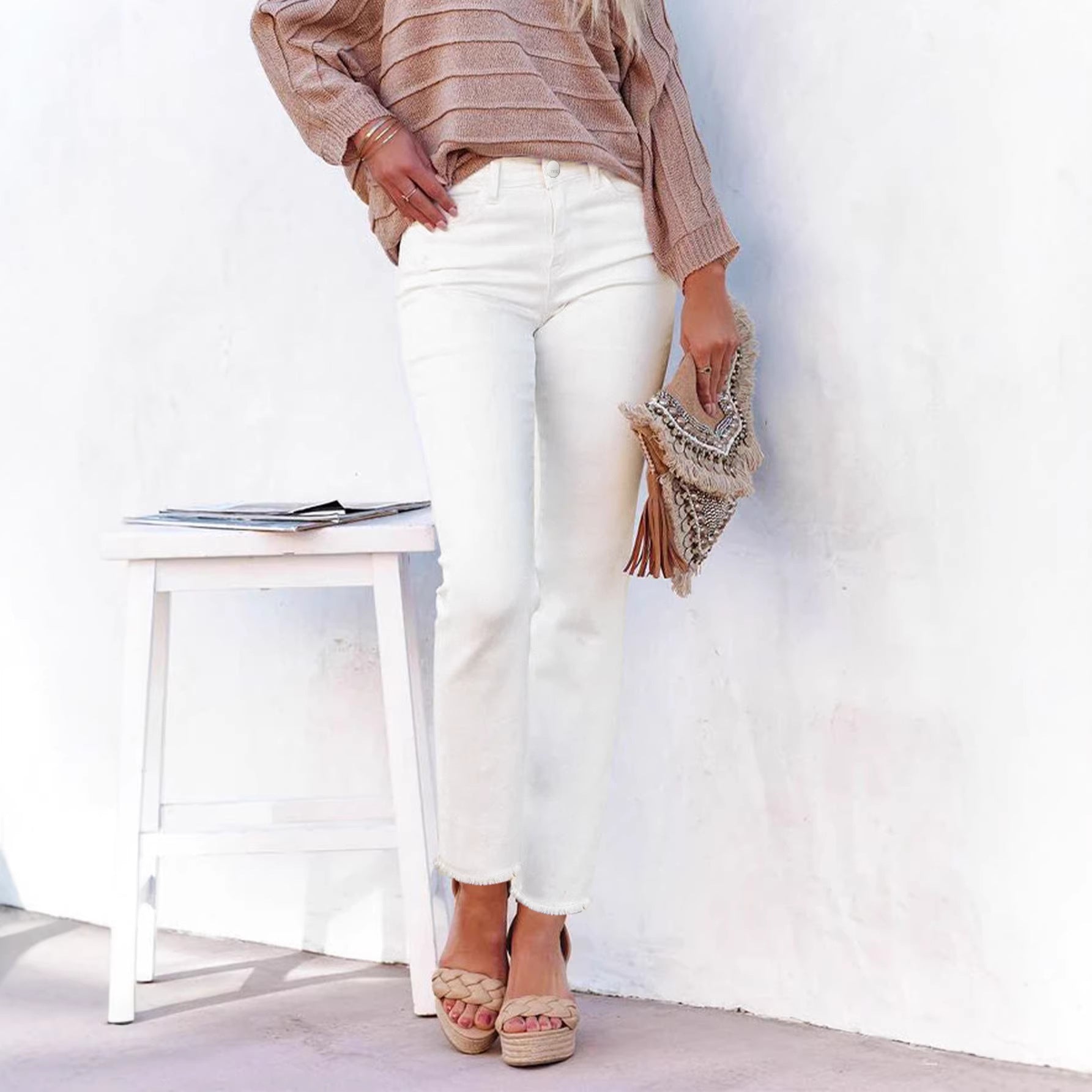 Straight Leg Ankle-Length White Raw Hem Denim Pants T Casual Wear