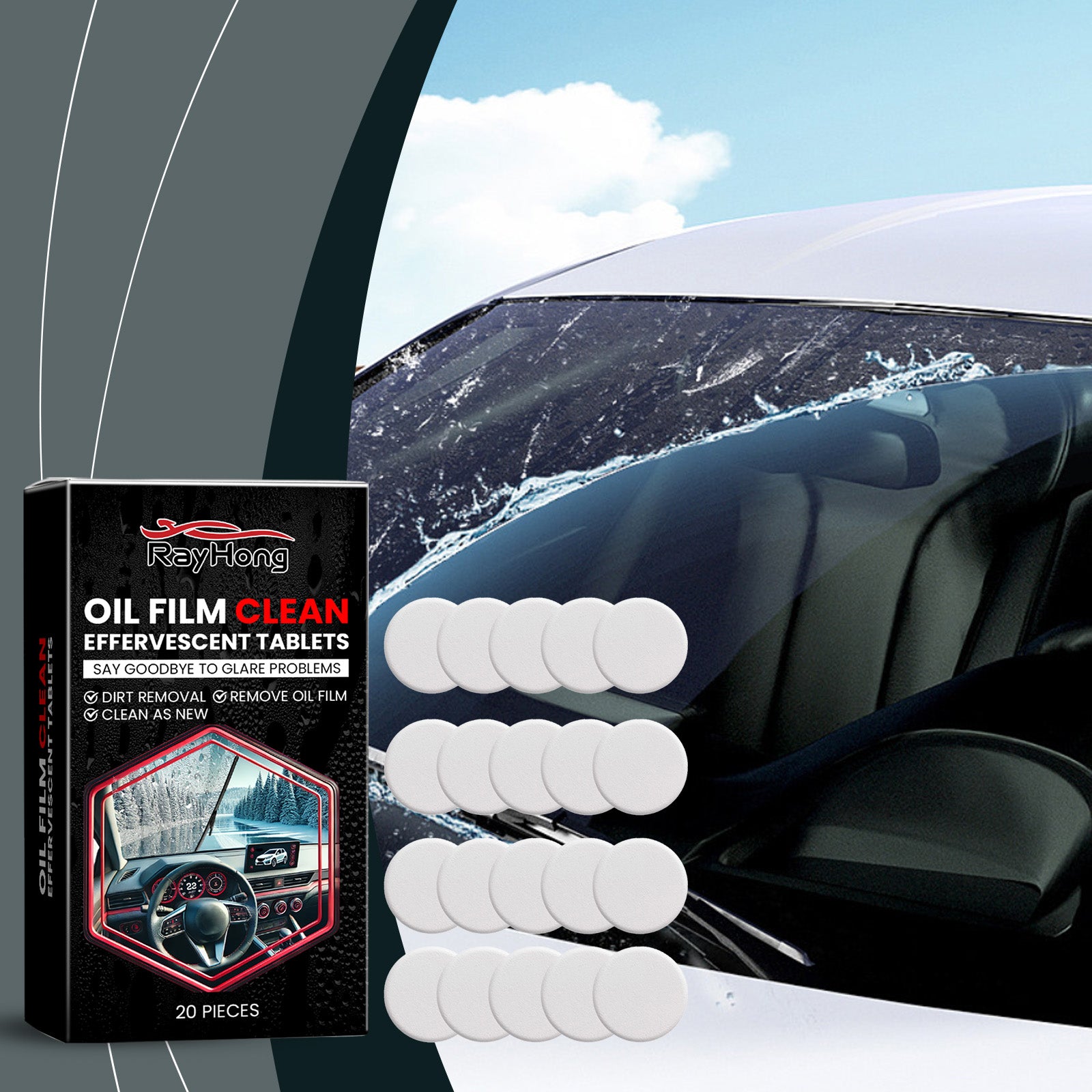 Glass Oil Film Cleaning Tablet, Front Inner Windshield Oil Film Removing Stain Brightening Cleaning Tablet