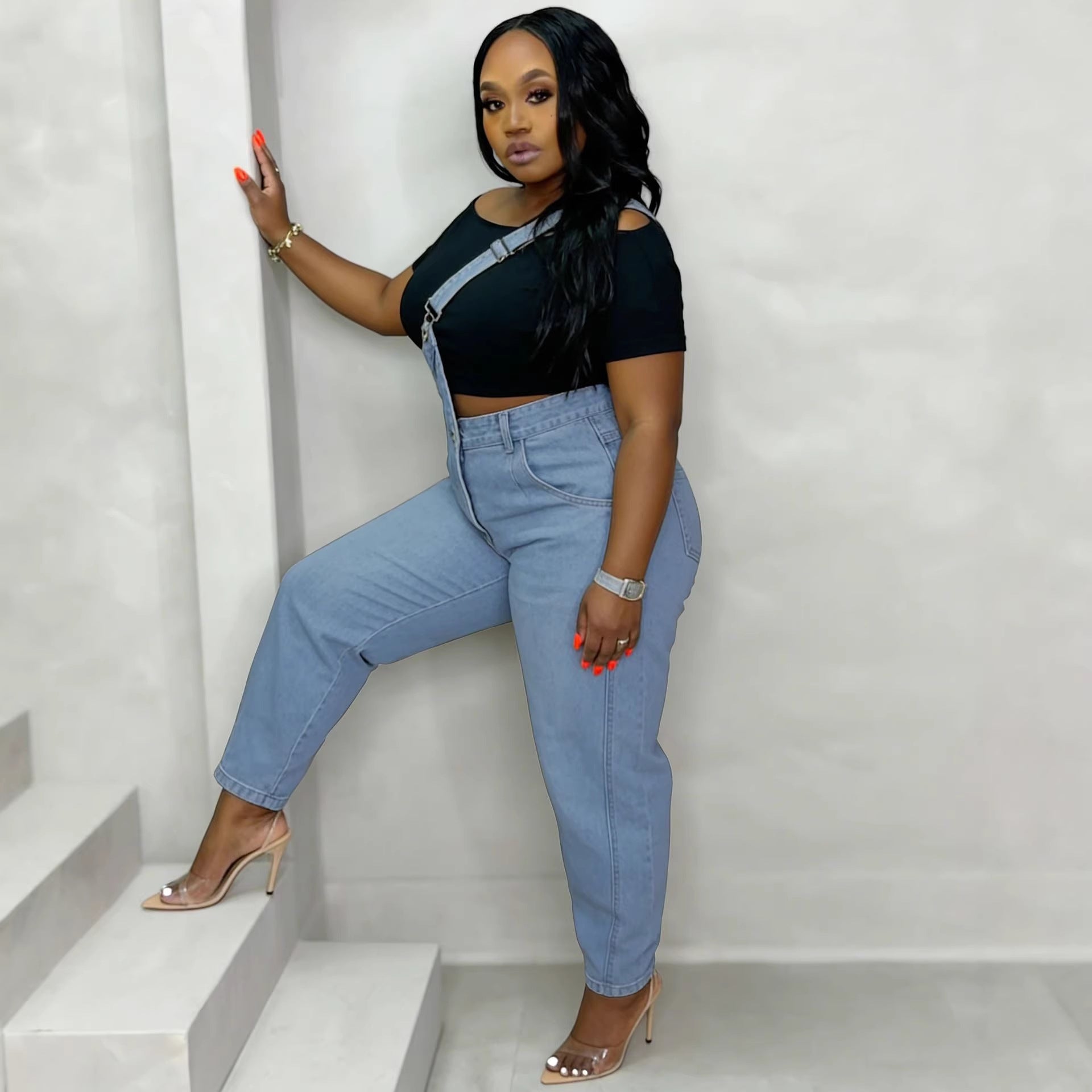Single Shoulder Strap Washed Straight Leg Jeans Pants