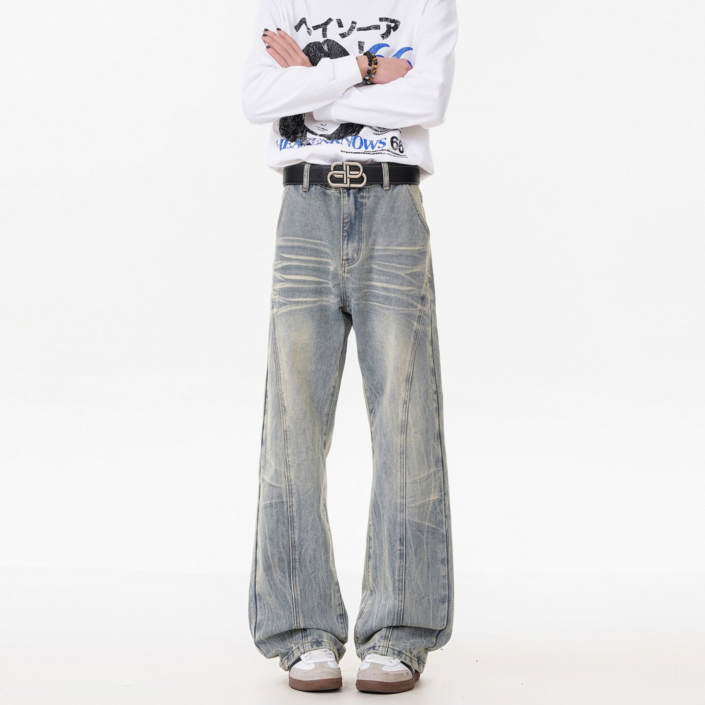 Retro Washed Distressed Flared Jeans Men