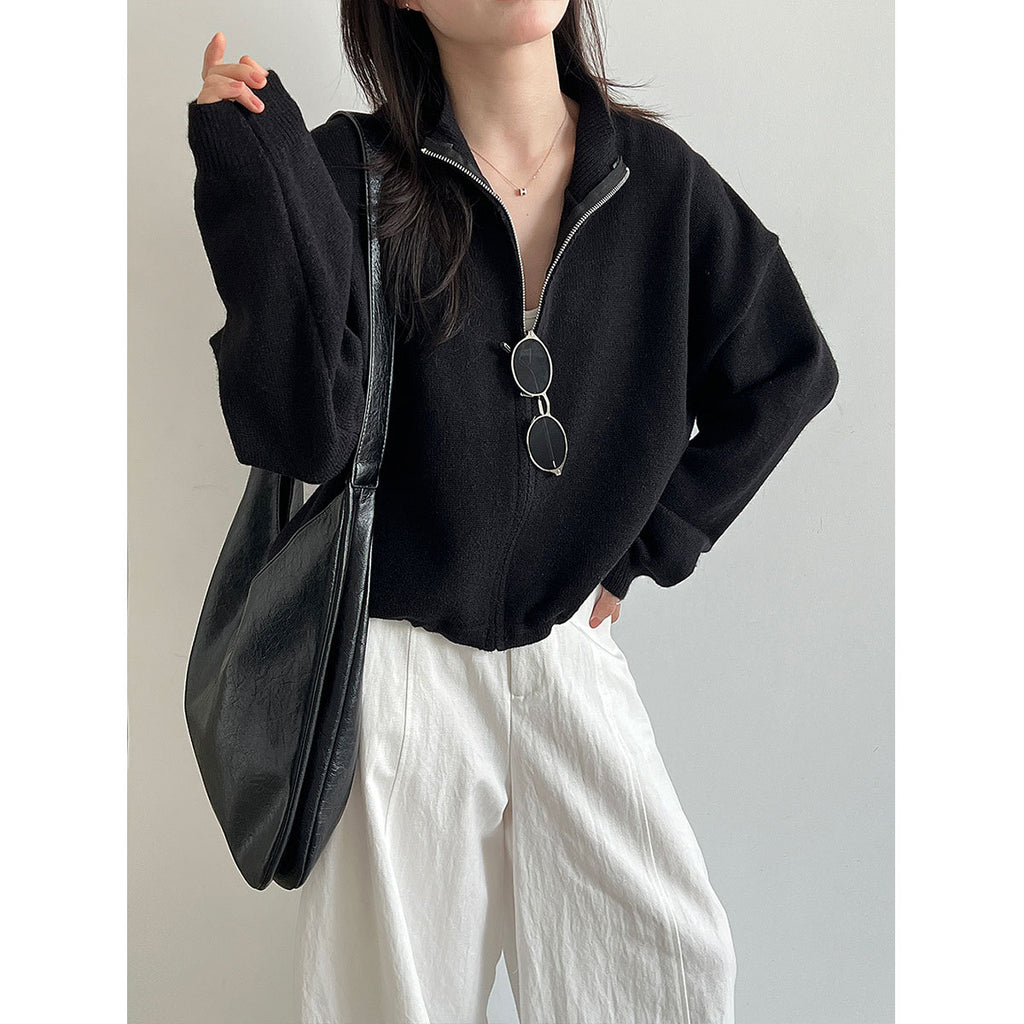 Deer West Stand Collar Zipper Drawstring Knit Sweater Women's  Autumn New Cardigan Versatile Hoodie Outerwear