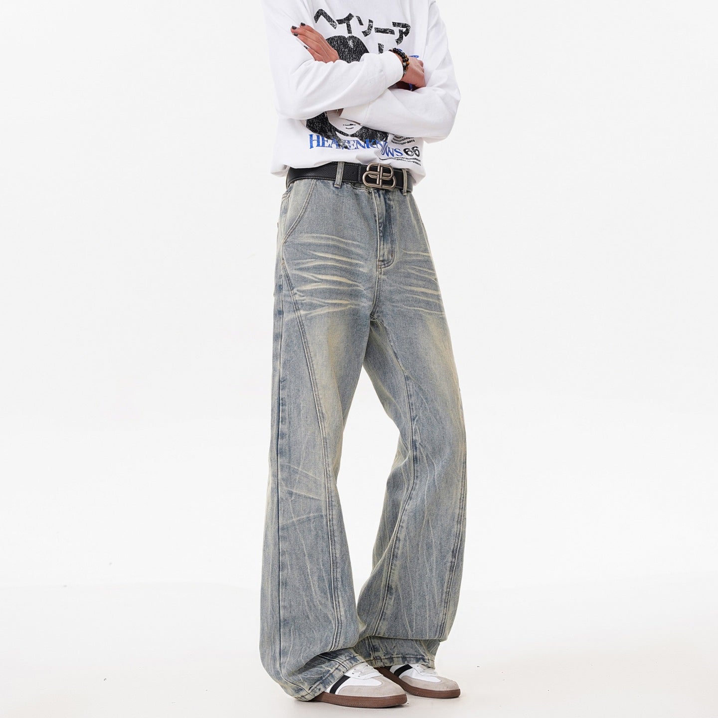 Retro Washed Distressed Flared Jeans Men