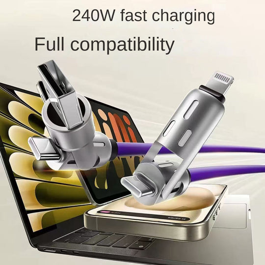 Colorful LED Silicone 4-in-1 Charging Cable with Zinc Alloy PD 100W Fast Charging, 6A Car Charger, Multi-functional Universal Compatible Charging Cable