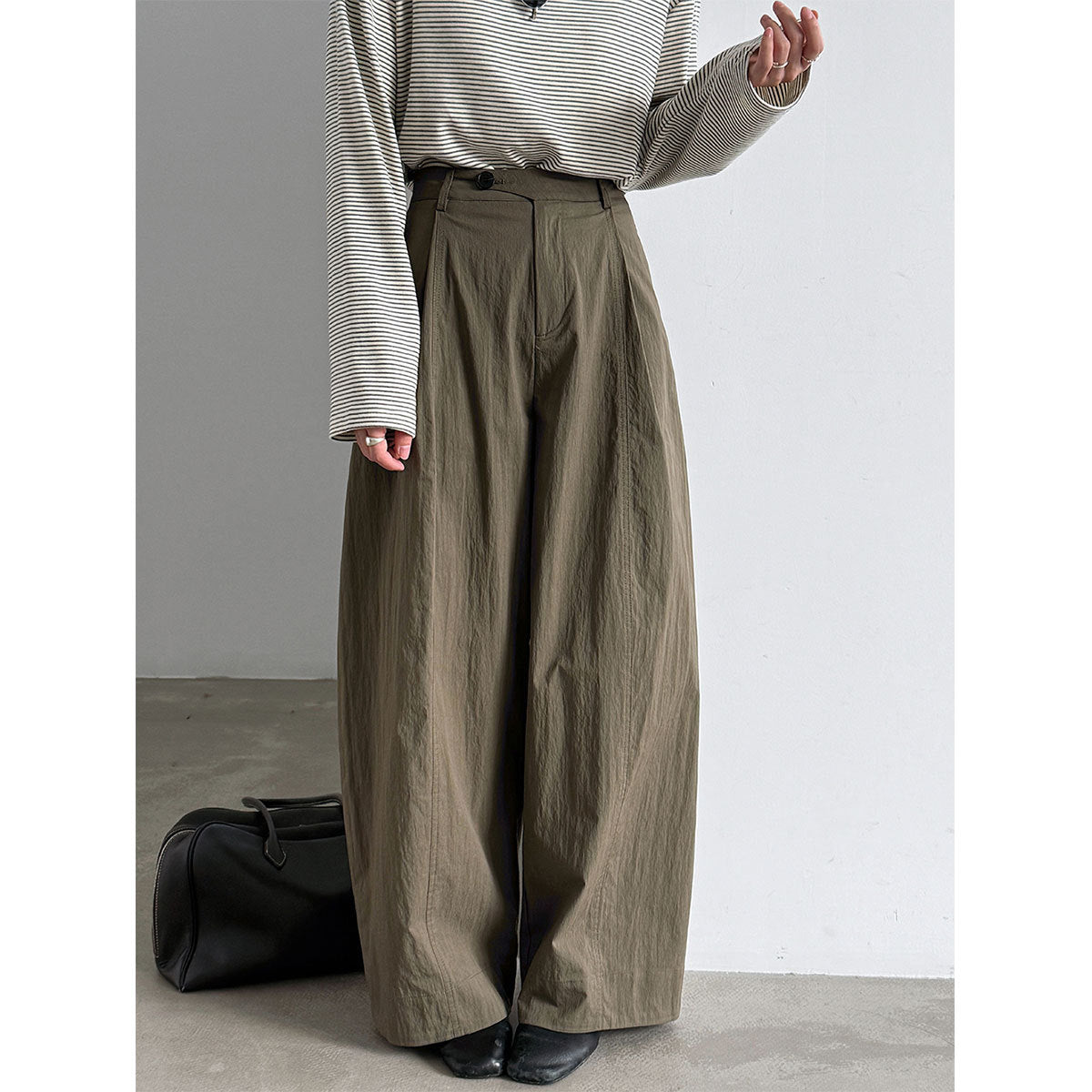 Diagonal Placket Patchwork Pleated Wide Leg Pants for Women  Casual Straight Fit Trousers