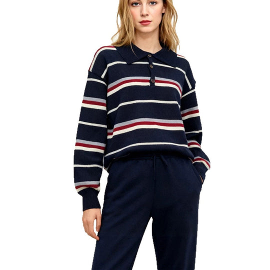 maglione donna a righe con collo polo