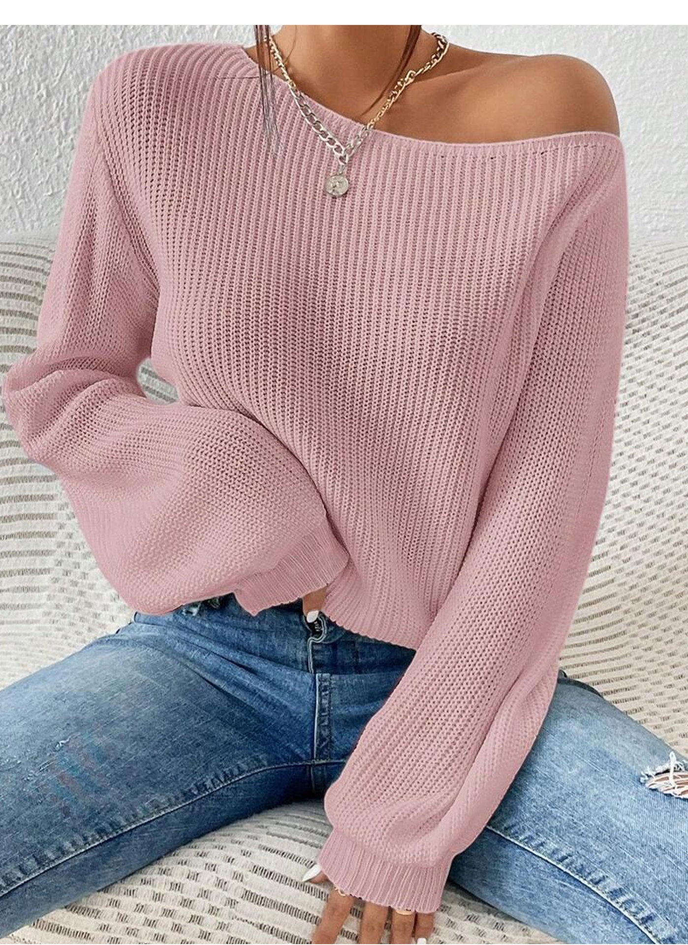 Off-shoulder Knit Sweater for Women, Autumn/Winter New Loose Solid Color Long Sleeve Pullover Slim Fit Top