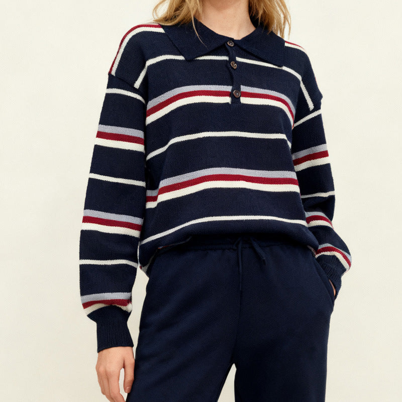 Striped contrasting long sleeved sweater for women in autumn and winter