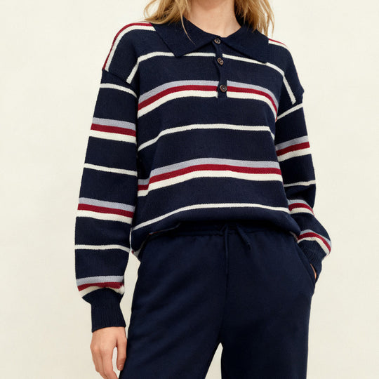 maglione donna a righe con collo polo