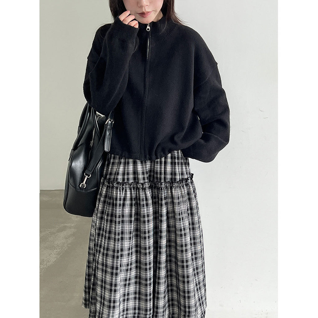 Deer West Stand Collar Zipper Drawstring Knit Sweater Women's  Autumn New Cardigan Versatile Hoodie Outerwear