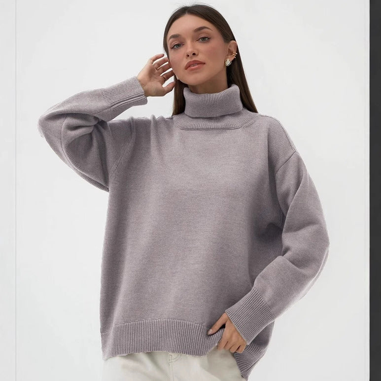 Versatile solid color high neck pullover sweater
