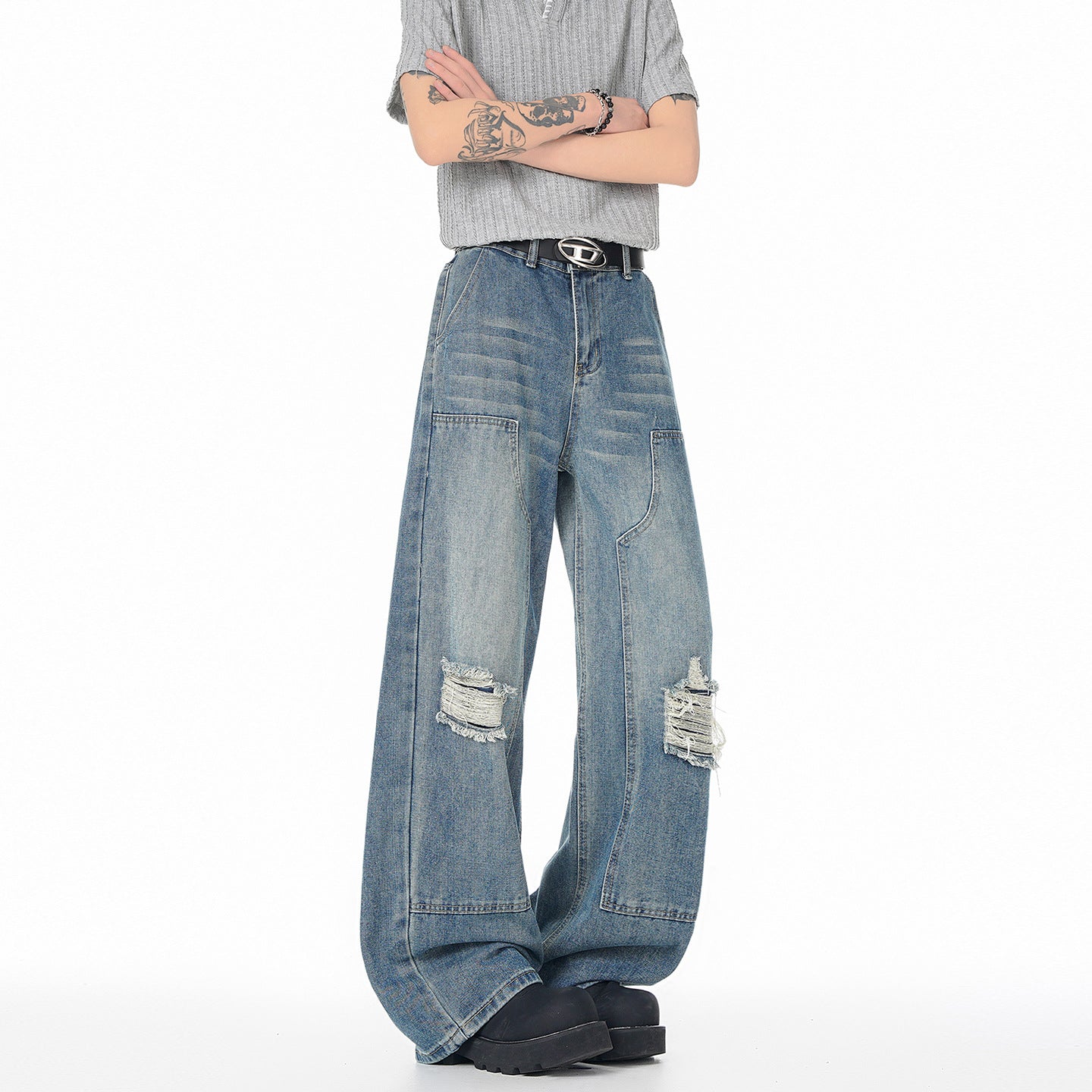 Vintage High Street Faux Ripped Denim Pants