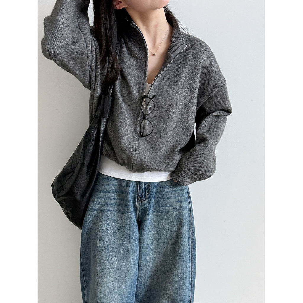 Deer West Stand Collar Zipper Drawstring Knit Sweater Women's  Autumn New Cardigan Versatile Hoodie Outerwear