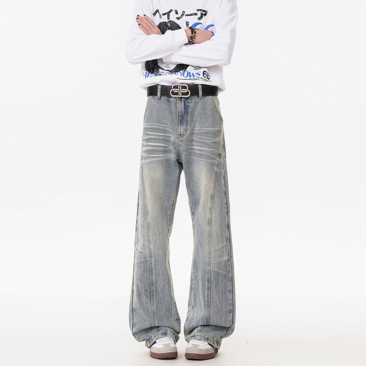Retro Washed Distressed Flared Jeans Men