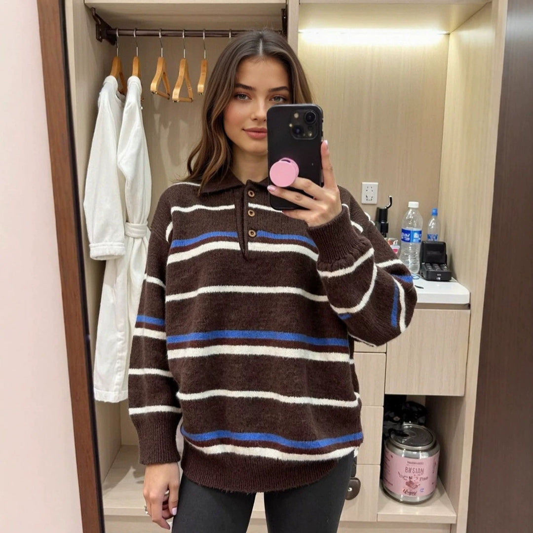 maglione donna a righe con collo polo