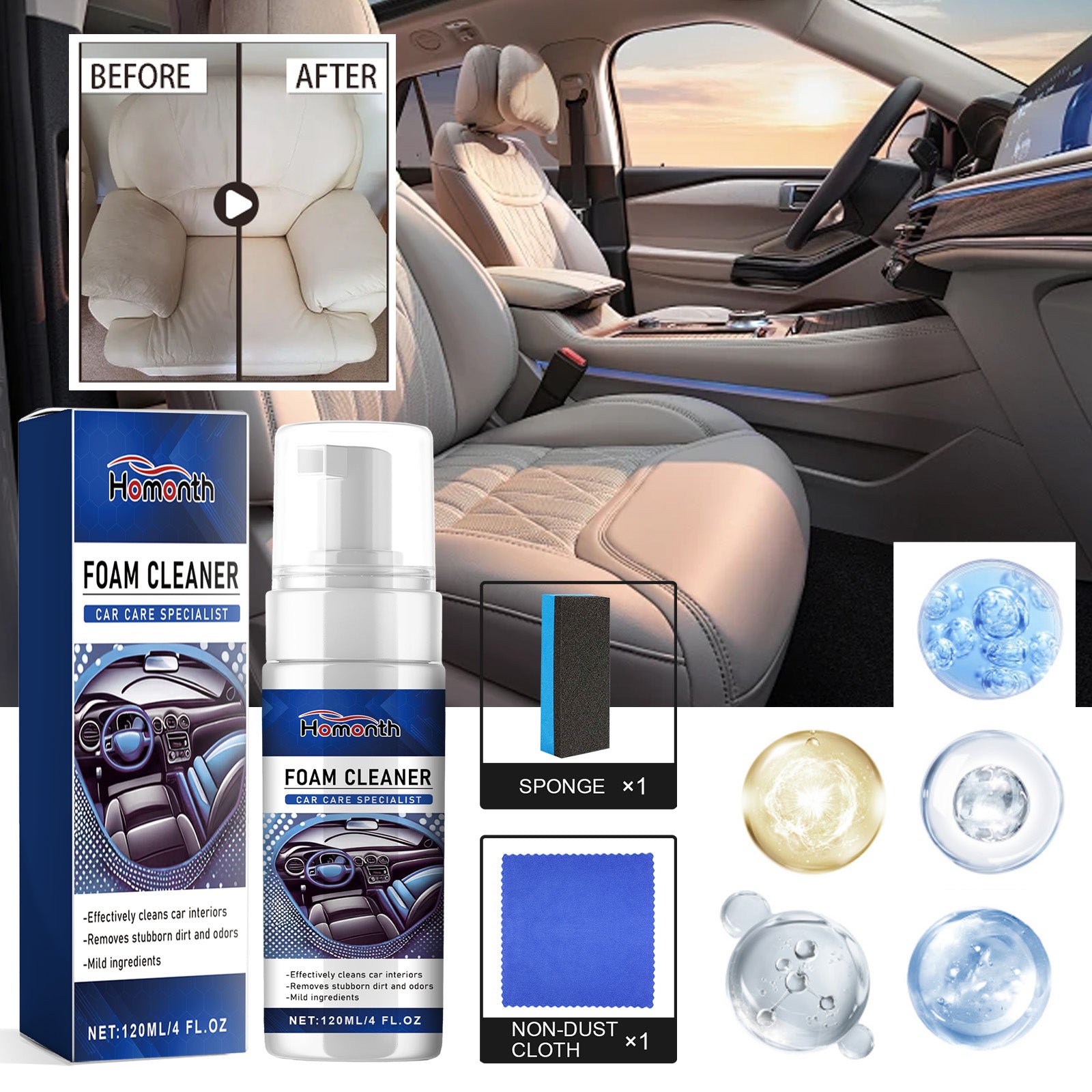 Foam Cleaner, Leather Interior Instrument Panel Clean Dust Reconditioning Agent