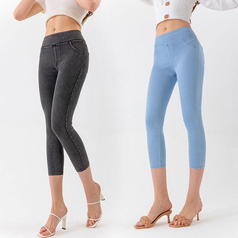 Yoga Denim Capri Pants for Women Low Waist Slim Fit High Elastic Tummy Control Fitness Casual Pants